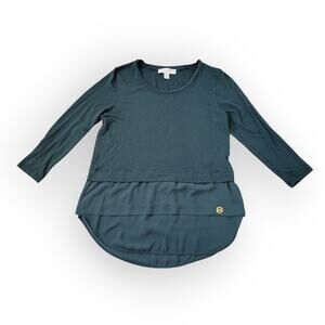 Michael Kors Dark Green 3/4 Sleeve Knit Layer Chiffon Hem Blouse Women Sz S